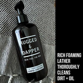 RUGGED & DAPPER bottle in shower showing easy one-step use benefit