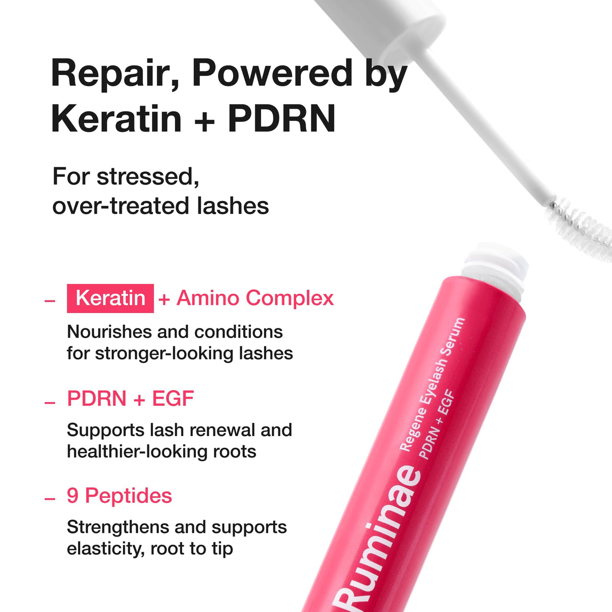 Ruminae serum wand close-up showing applicator for precise lash-line conditioning benefit