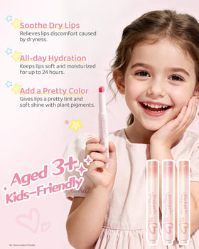 RUNBEN applied on child lips demonstrating soft cherry tint and hydrated look