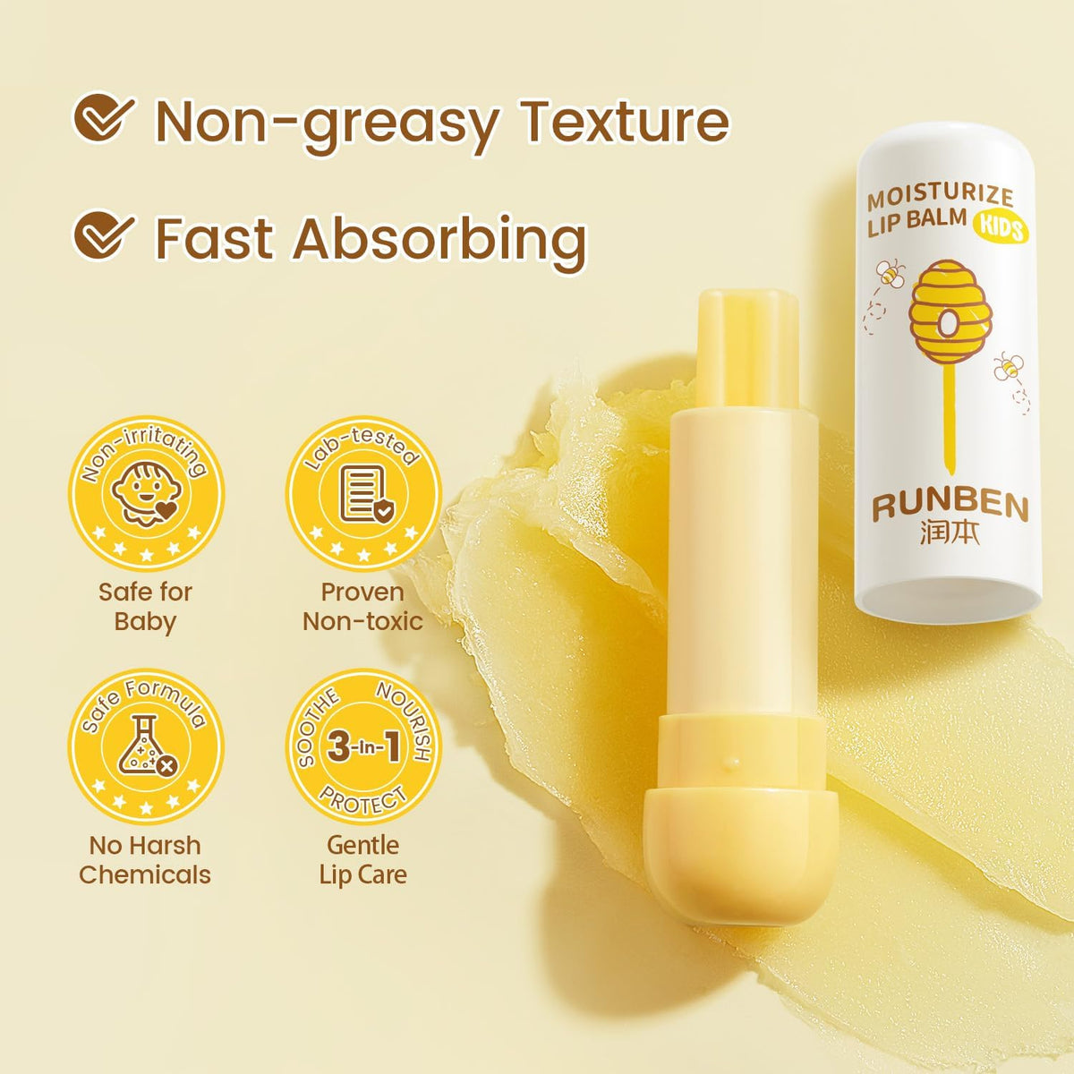 RUNBEN applied on a baby lips showing soothing protection