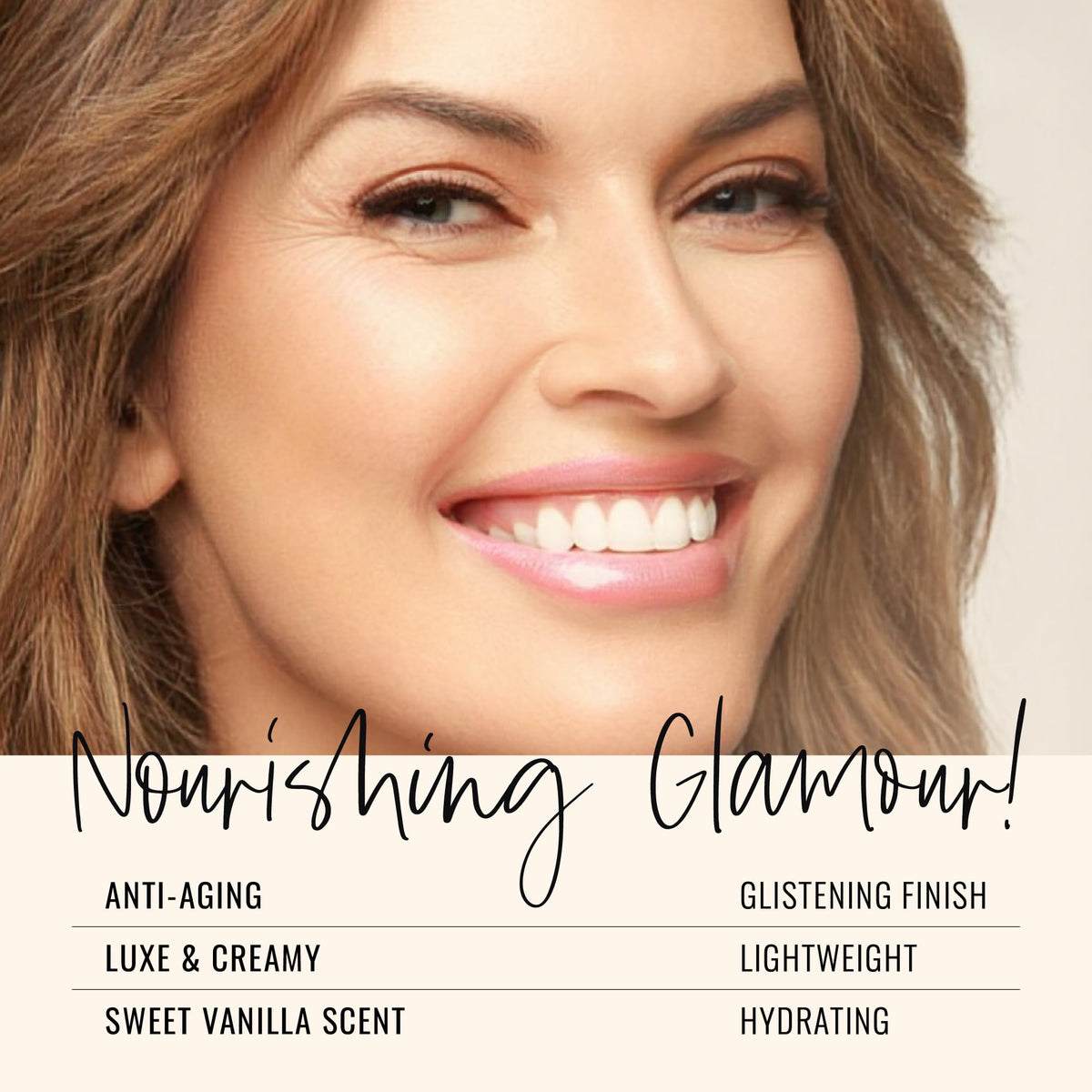 Runway Rogue gloss applied on lips showing reflective, moisturizing finish