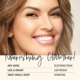 Runway Rogue gloss applied on lips showing reflective, moisturizing finish
