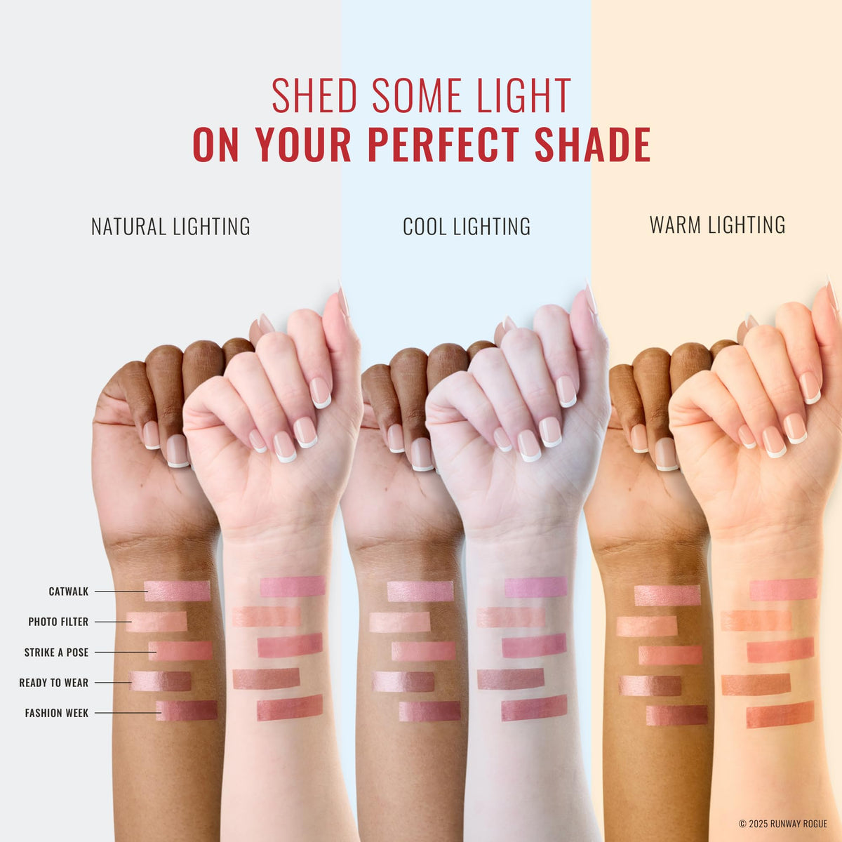 Runway Rogue layered over matte lipstick adding luminous shimmer