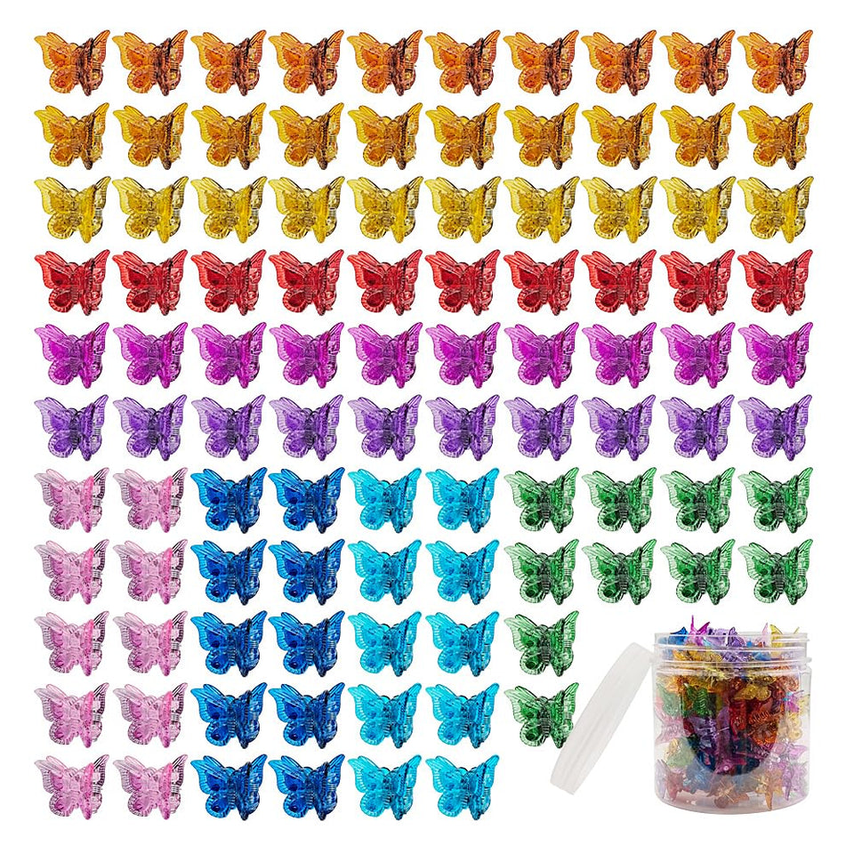 Ruocce front packaging showing 100 assorted butterfly clips and container, easy selection