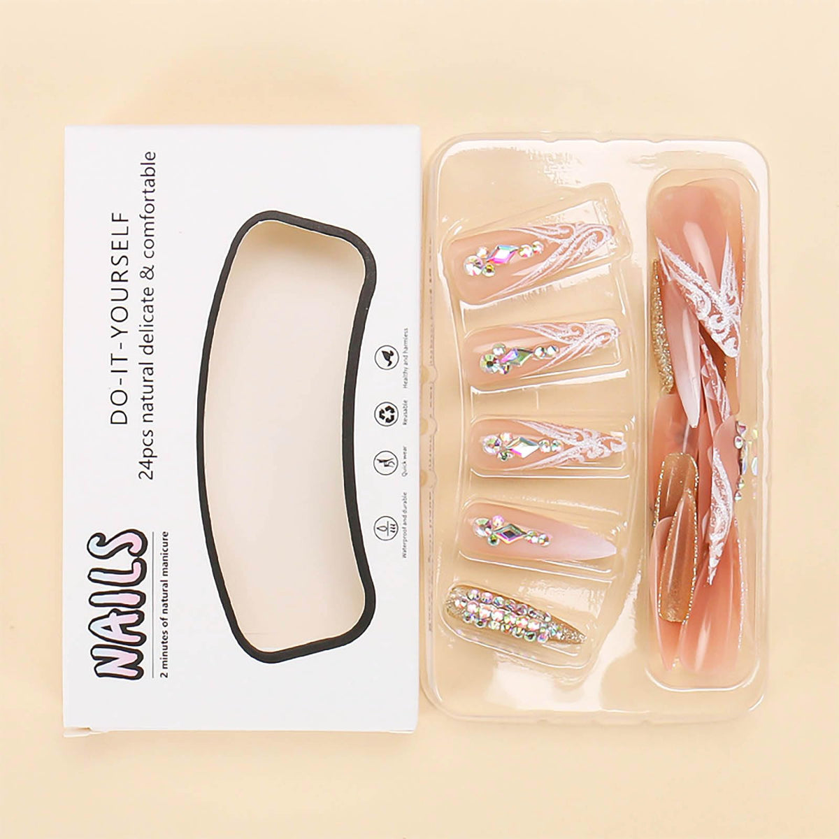 RUOKEXIN application tools laid out including glue, jelly tabs, file and alcohol wipe for easy use