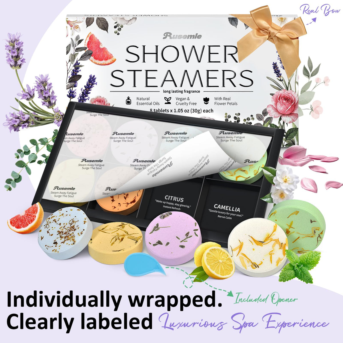 RUSEMLE tablet close-up with visible flower petal detail highlighting natural ingredients