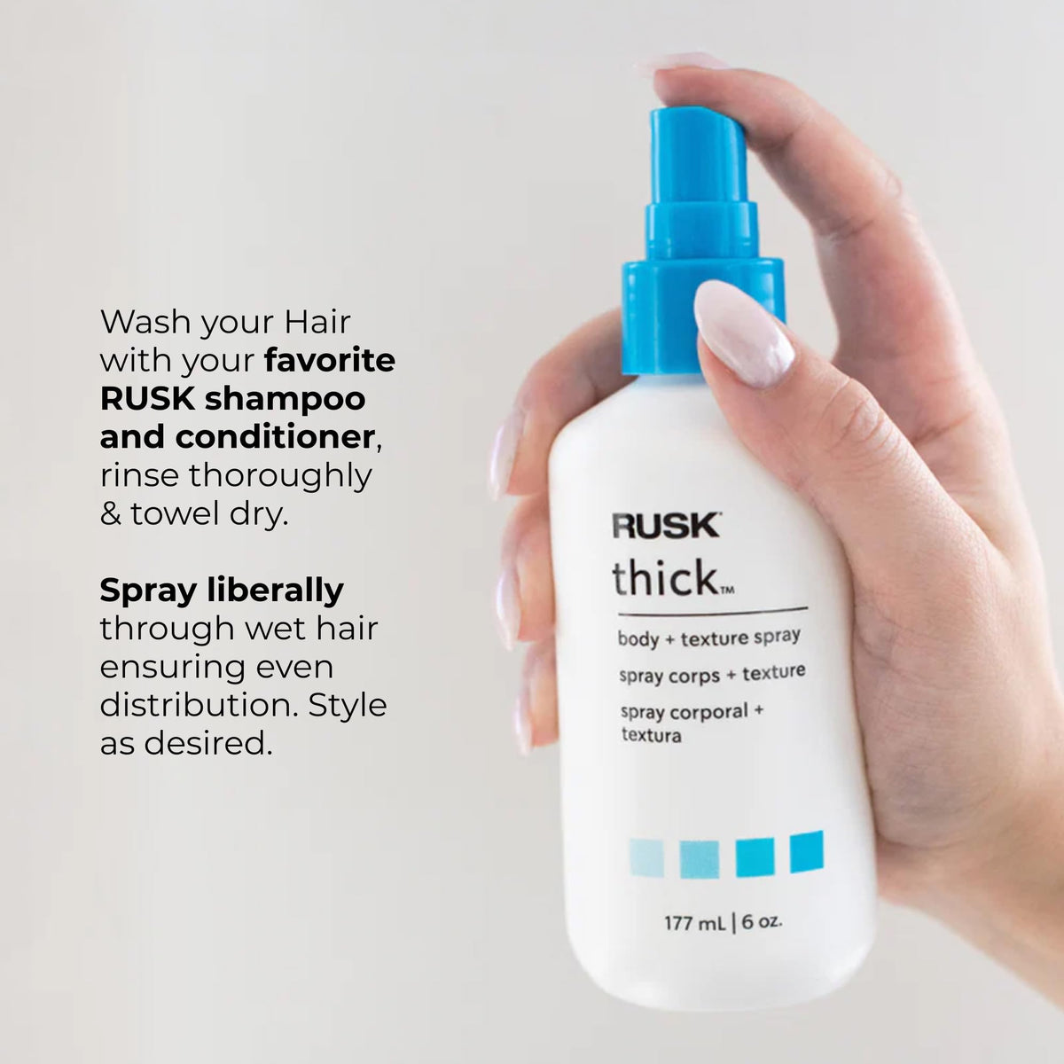 RUSK finished textured hairstyle showing volume and movement benefit