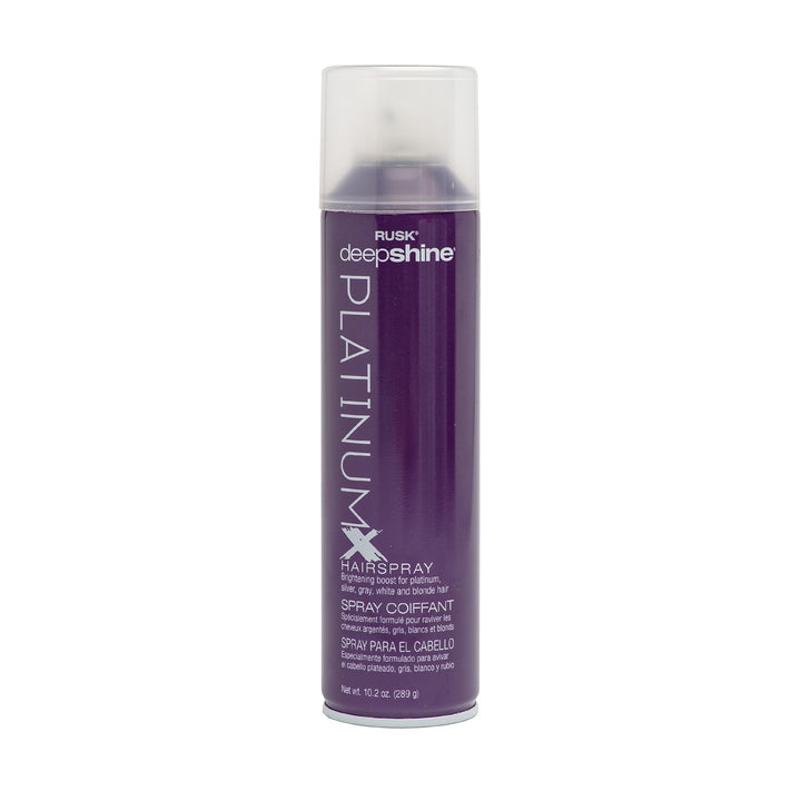 RUSK Deepshine PlatinumX front packaging showing can and label for strong glossy hold