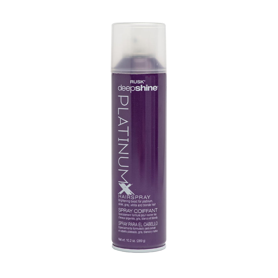 RUSK Deepshine PlatinumX front packaging showing can and label for strong glossy hold