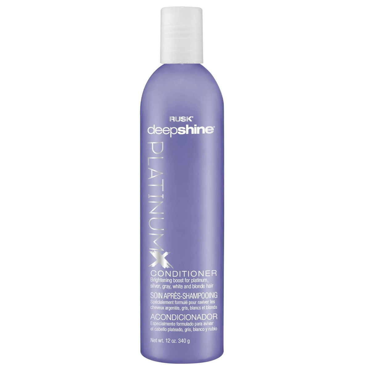 RUSK Deepshine Platinum front bottle showing label and 12 oz size, clear benefit brightening