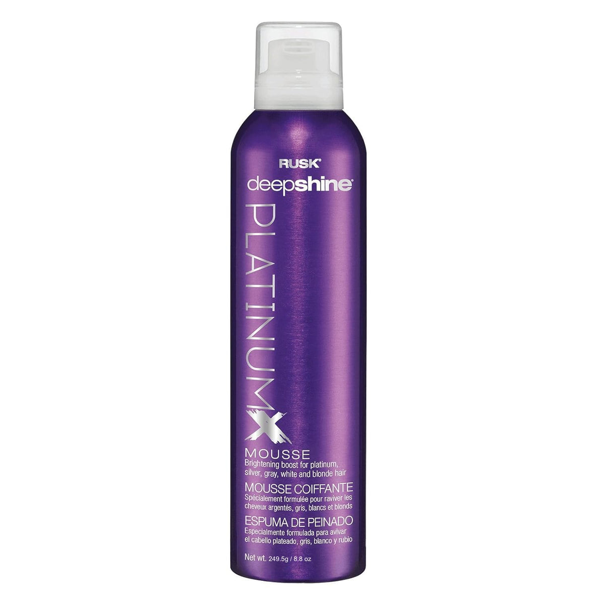 RUSK Deepshine PlatinumX mousse front bottle showing label and size benefits