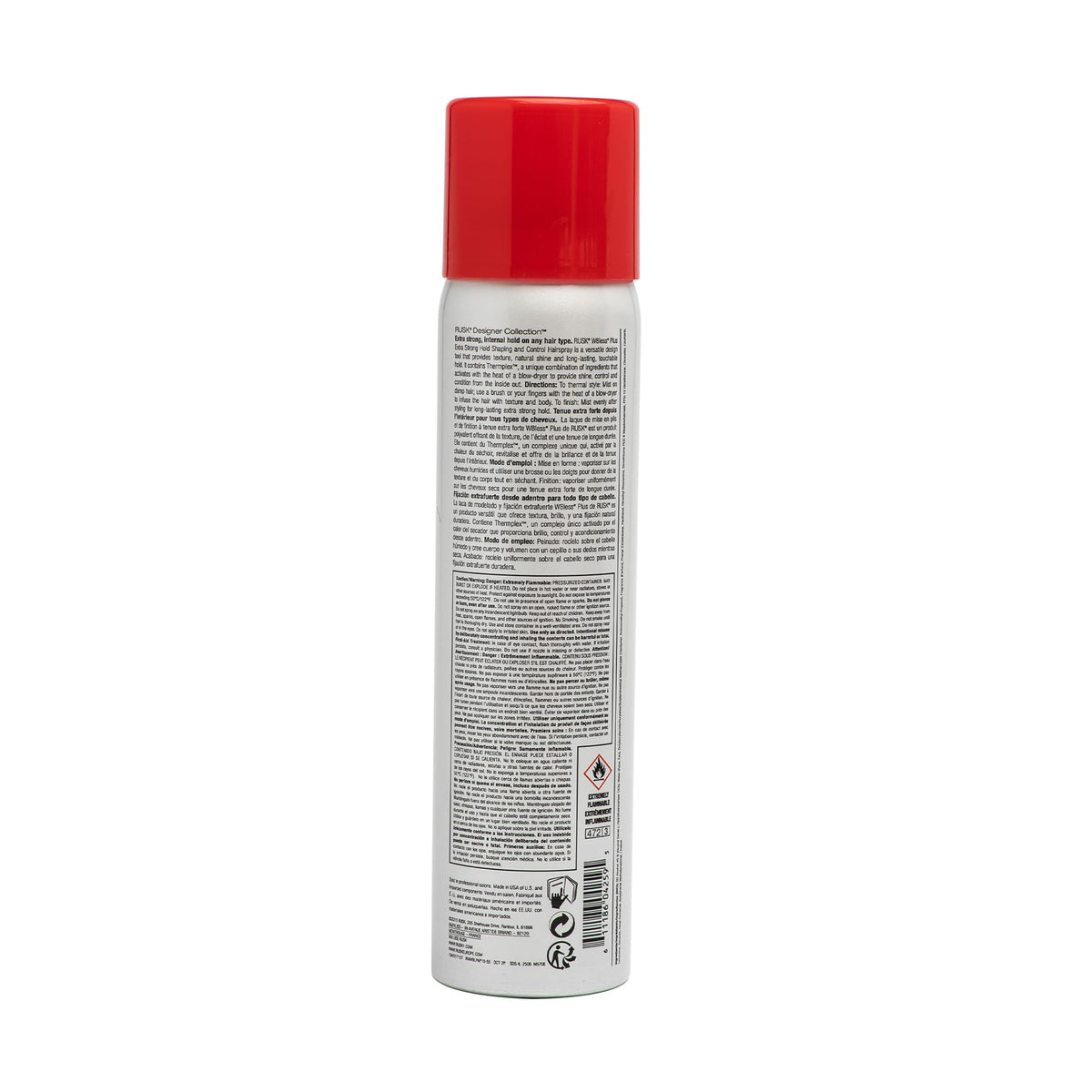 RUSK hairspray mist in use demonstrating even spray and strong hold for styled hair