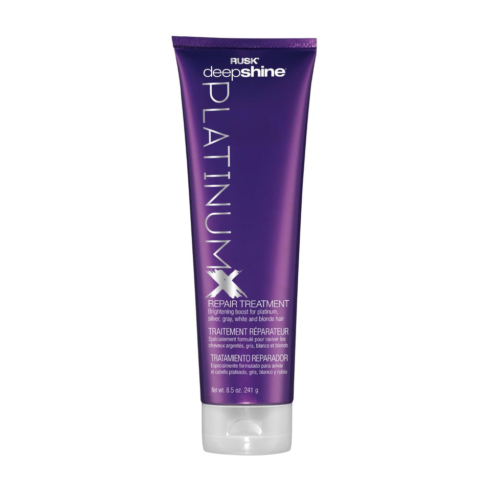 RUSK PlatinumX front packaging showing product and salon-quality repair benefit