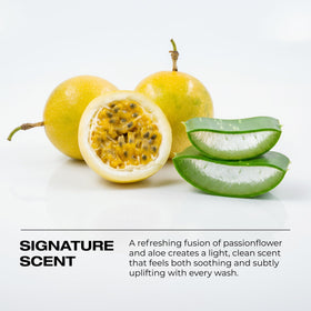 Passionflower and aloe visual near RUSK bottle indicating natural extracts