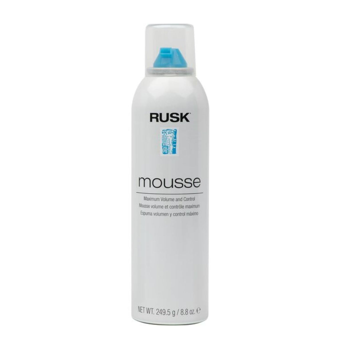RUSK front packaging of styling mousse showing bottle and benefit of firm hold