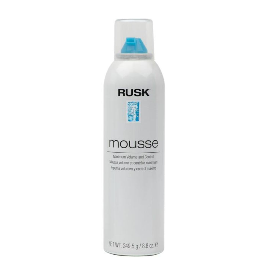 RUSK front packaging of styling mousse showing bottle and benefit of firm hold