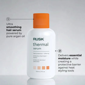 RUSK before-and-after hair showing improved shine and smoother cuticle