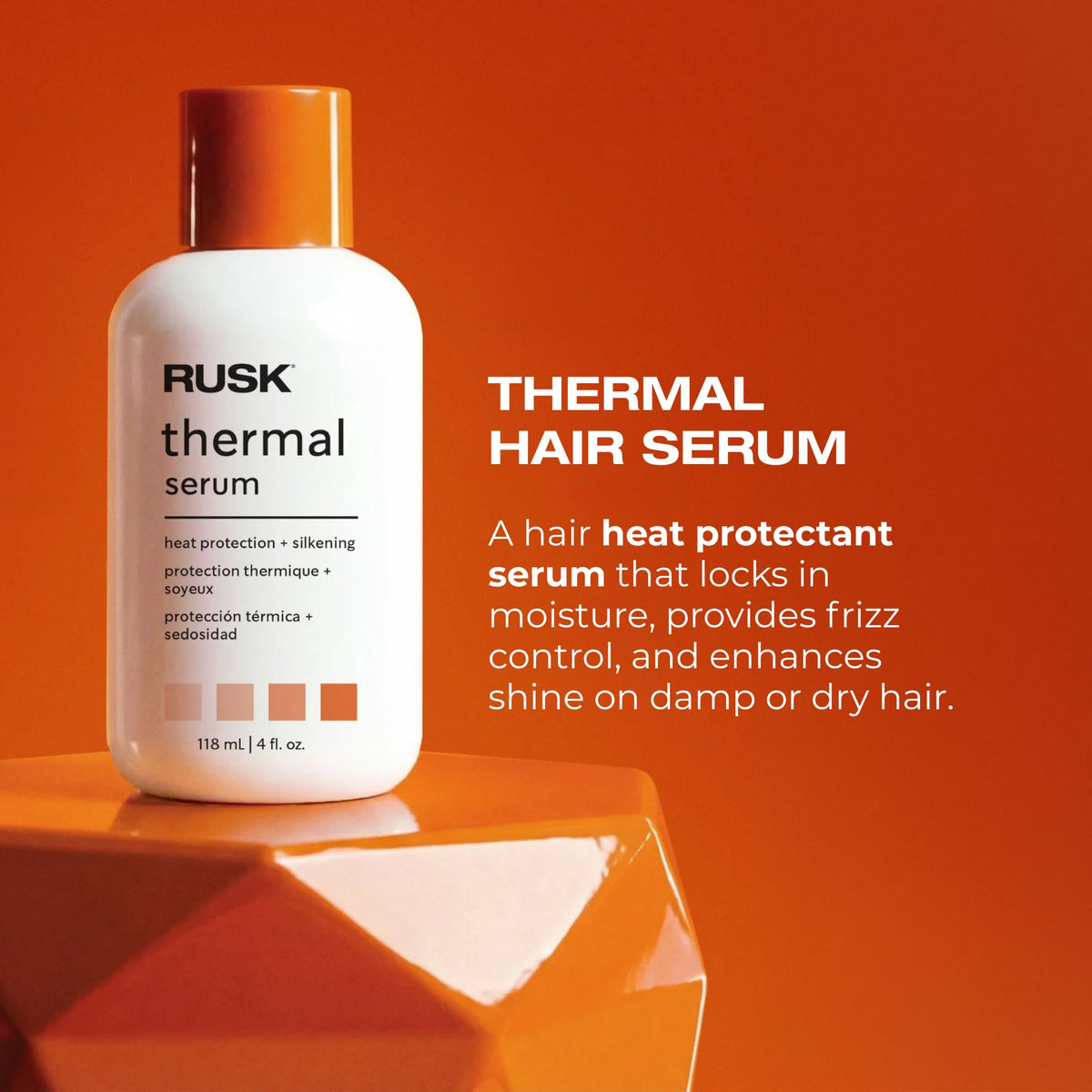 RUSK serum texture drop highlighting lightweight formula and shine