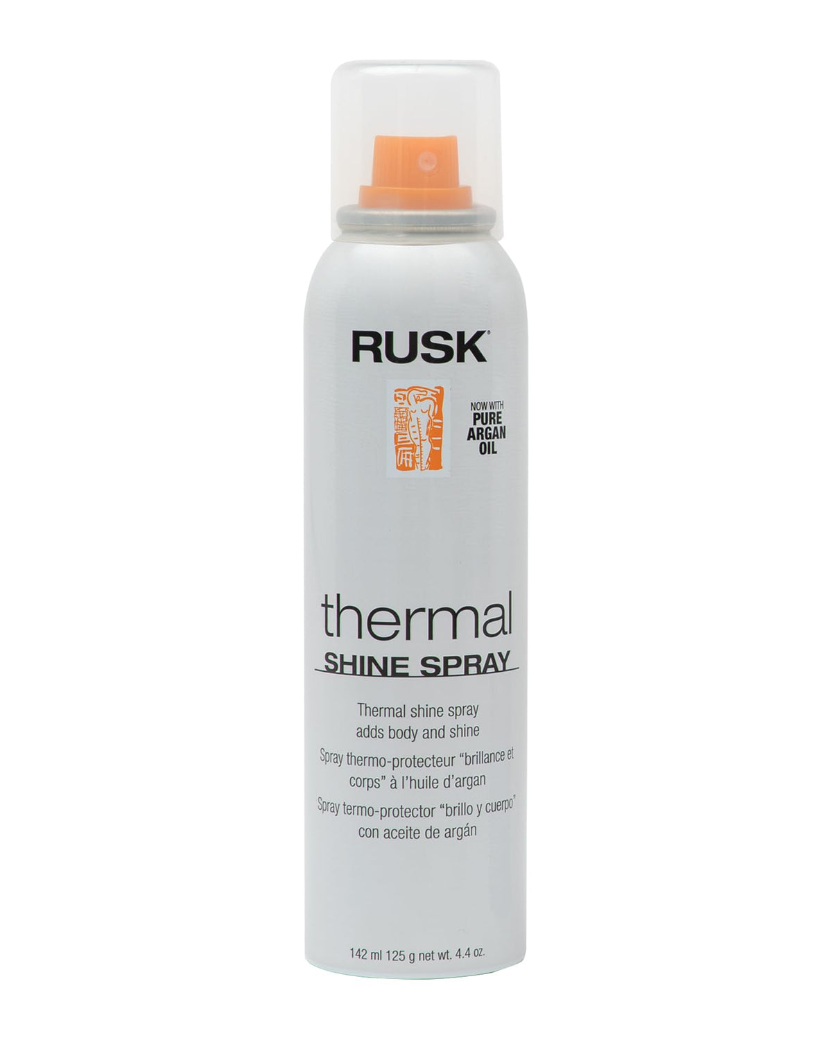 RUSK Thermal Shine Spray front packaging showing sleek aerosol bottle and label benefits
