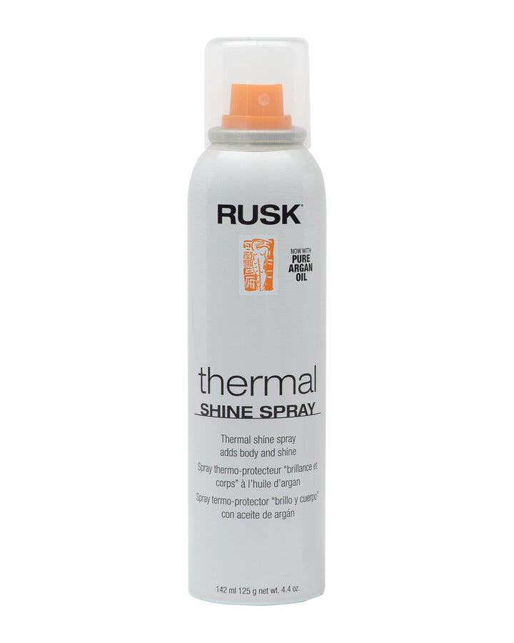 RUSK Thermal Shine Spray front packaging showing sleek aerosol bottle and label benefits