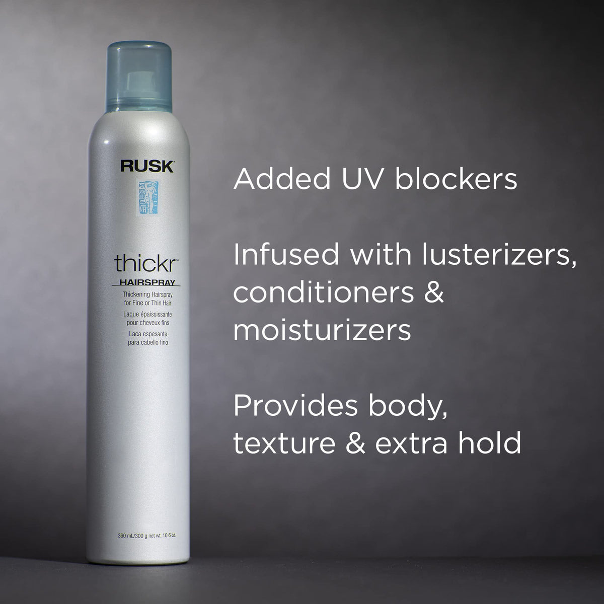 RUSK Thickr sprayed into styled hair providing lift and lasting hold