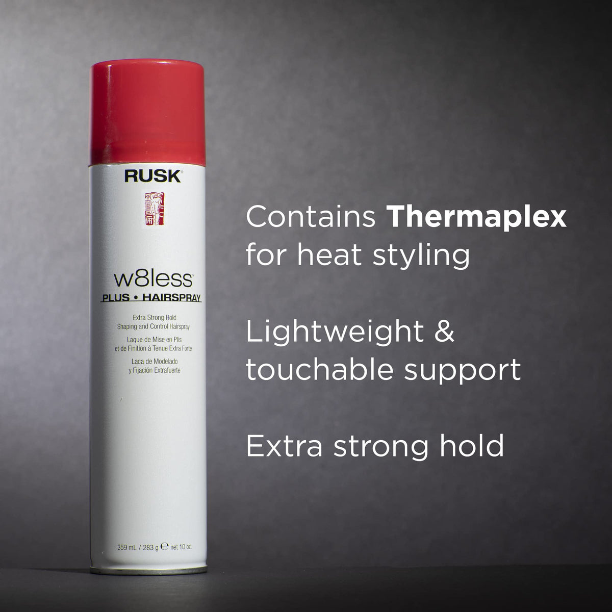 RUSK W8less held in hand to show 10 fl oz size and convenient salon-to-home portability