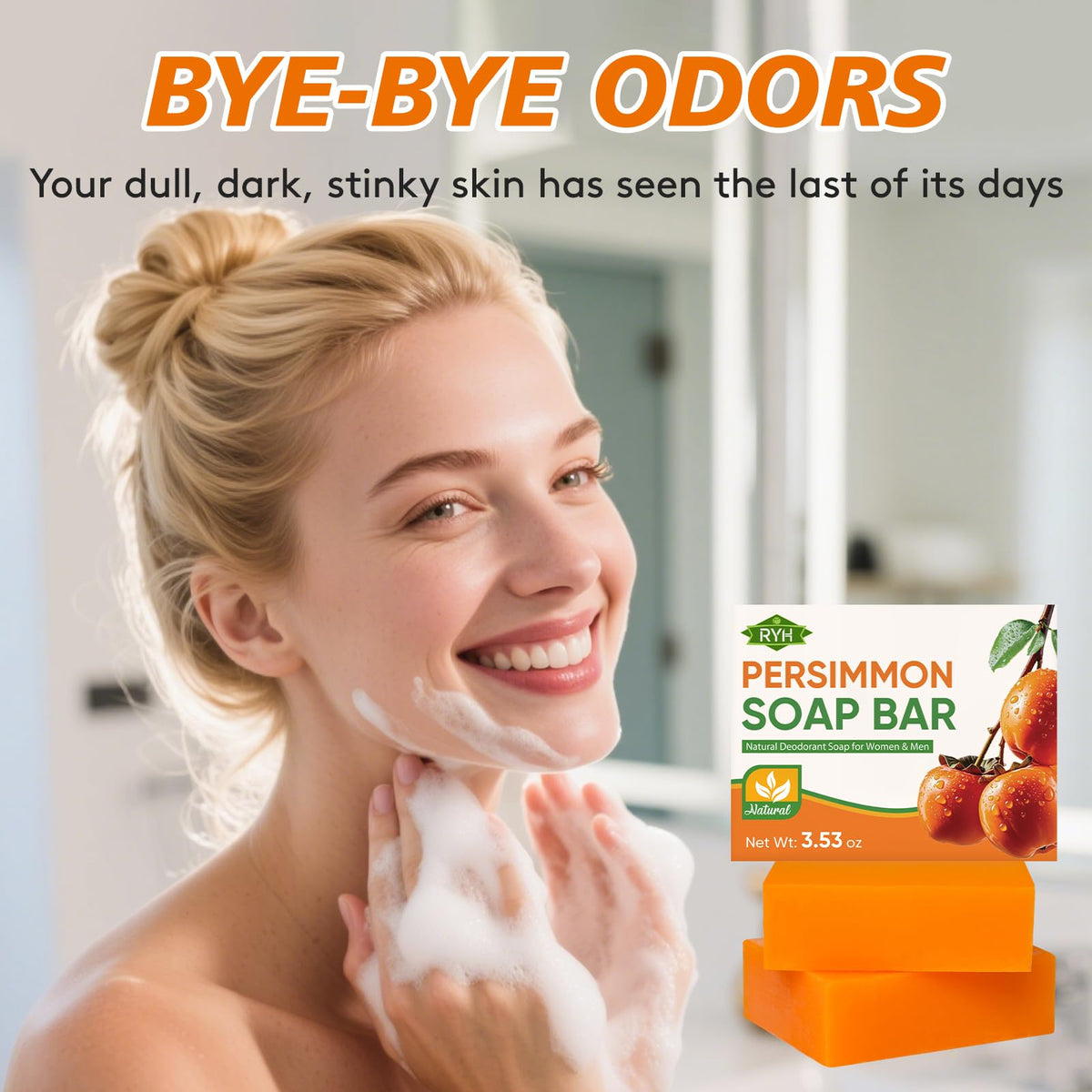 RYH persimmon products in shower scene demonstrating post-workout refresh