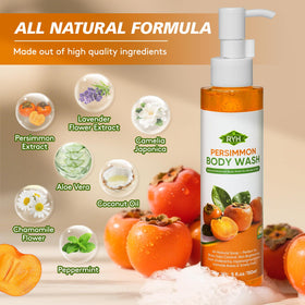 RYH persimmon shower gel pump bottle label showing brand and benefits