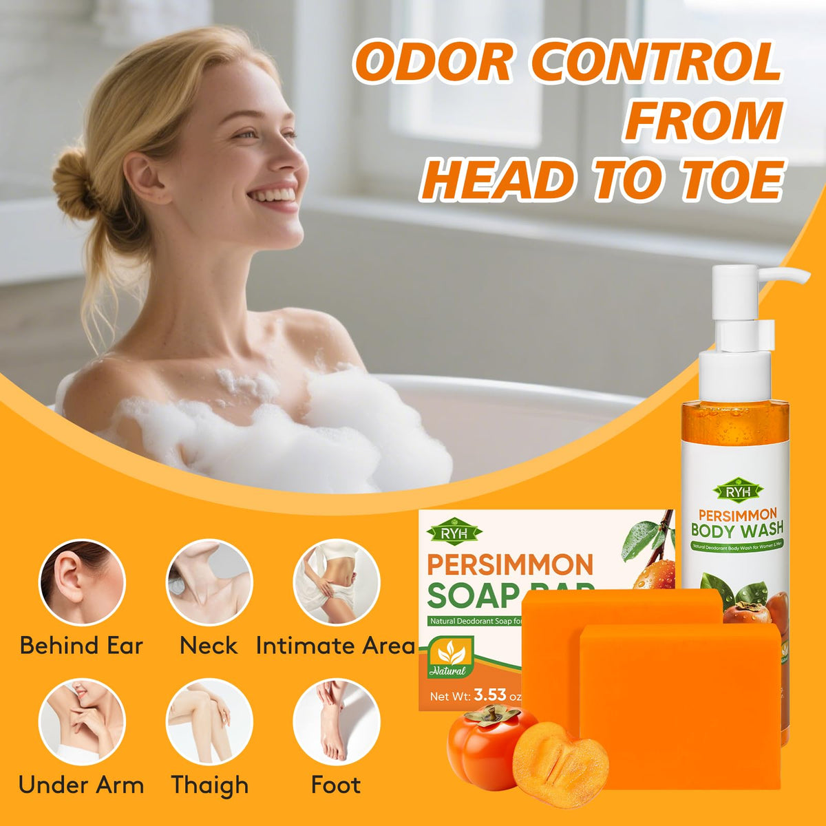RYH persimmon soap creating creamy lather on hand for effective cleansing