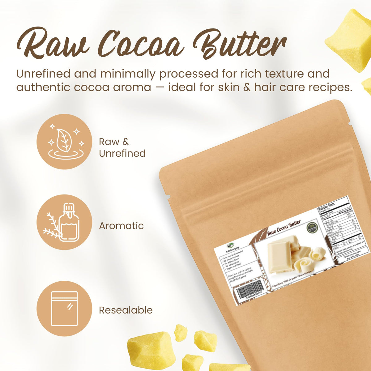 SAAQIN close-up of cocoa butter chunks showing creamy texture for easy melting