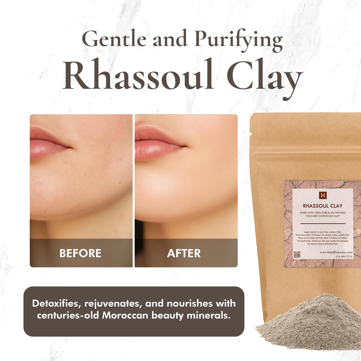 SAAQIN close-up of rhassoul powder texture highlighting fine, easy-to-mix quality