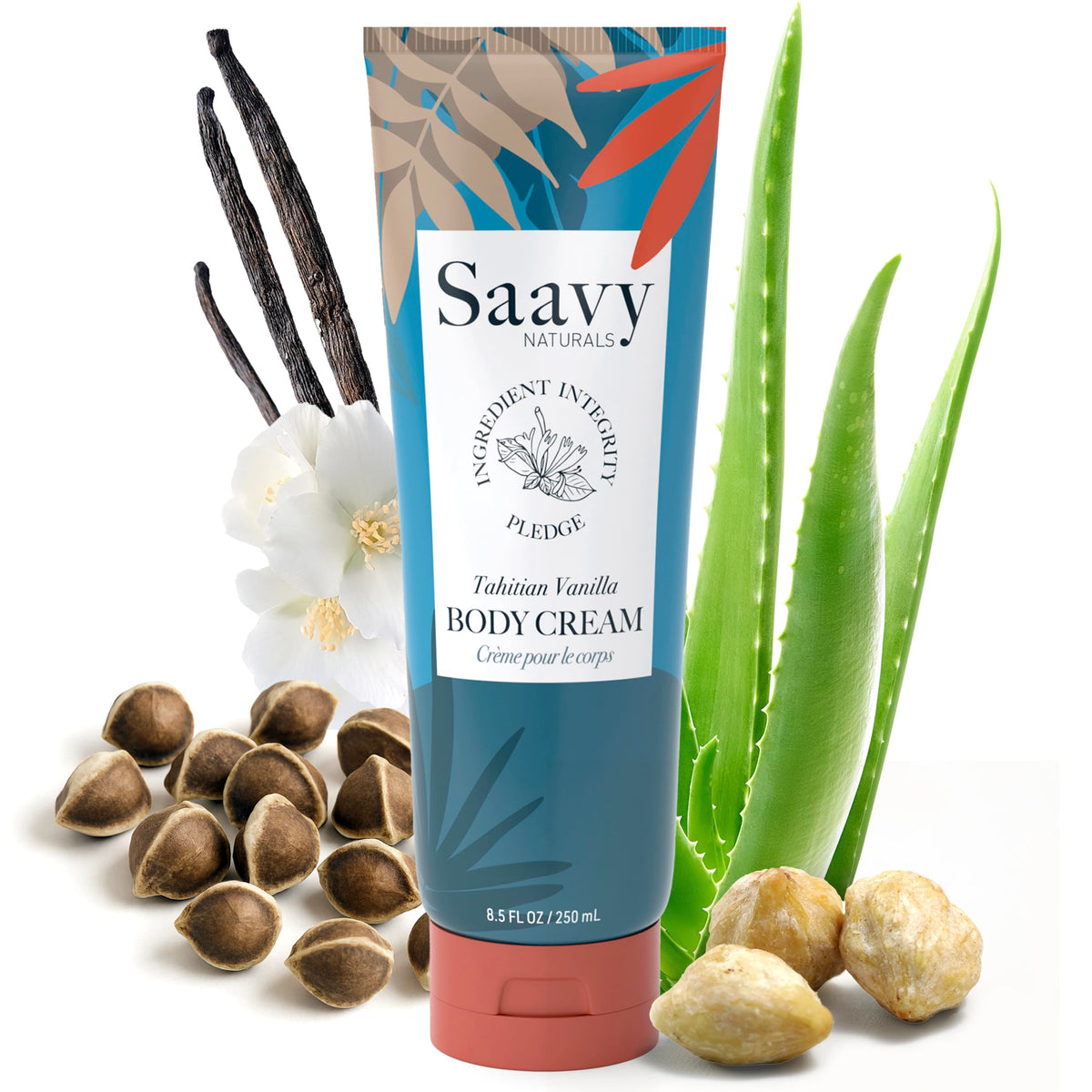 Saavy Naturals front jar showing Tahitian vanilla label and nourishing benefits