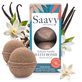 Saavy Naturals front packaging showing two vanilla bath bombs and benefits