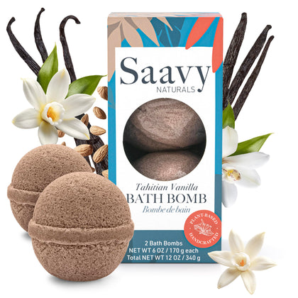 Saavy Naturals front packaging showing two vanilla bath bombs and benefits