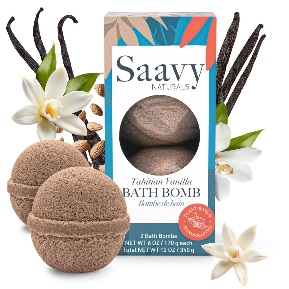 Saavy Naturals front packaging showing two vanilla bath bombs and benefits
