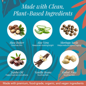 Saavy Naturals ingredients flatlay with shea, jojoba and argan oils for nourishment
