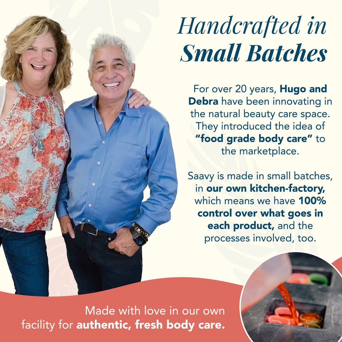 Saavy Naturals product label and ingredient panel emphasizing clean formula