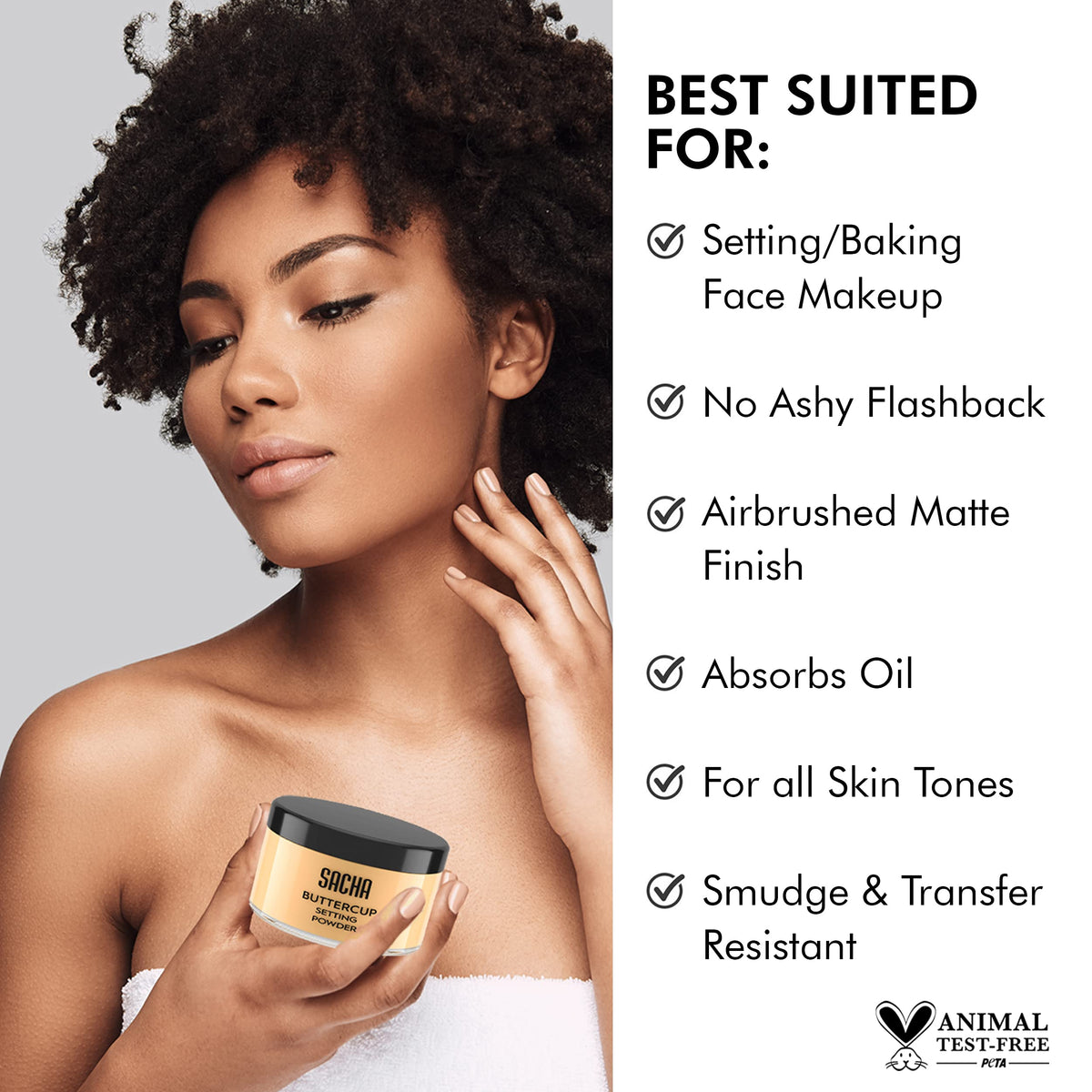 Sacha Cosmetics Buttercup applied with puff for smooth, matte setting benefit