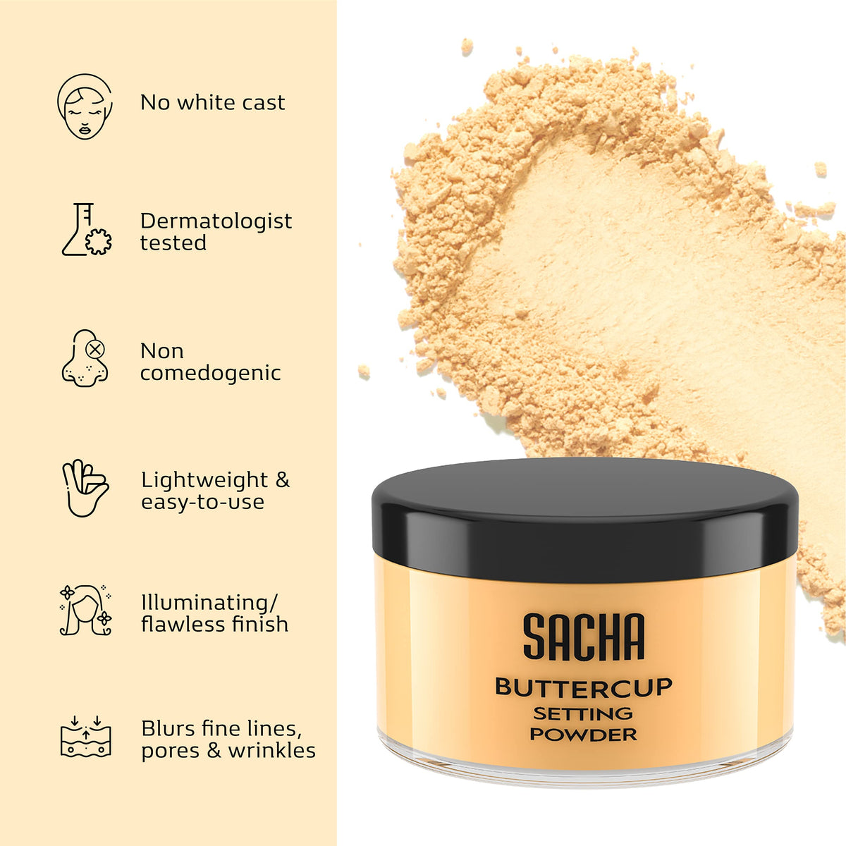 Sacha Cosmetics Buttercup beside makeup tools illustrating long-wear oil control
