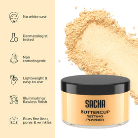 Sacha Cosmetics Buttercup beside makeup tools illustrating long-wear oil control