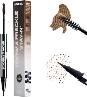 Sacheu front packaging showing 2-in-1 brow and freckle tool benefit