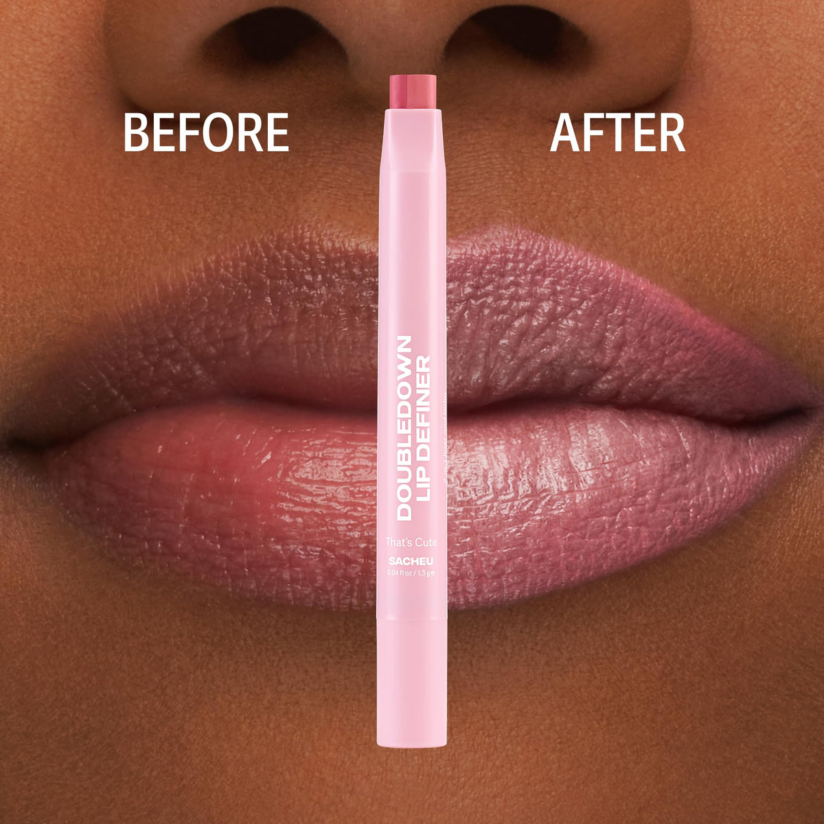 Sacheu finish on model lips showing creamy satin coverage and subtle, sculpted effect