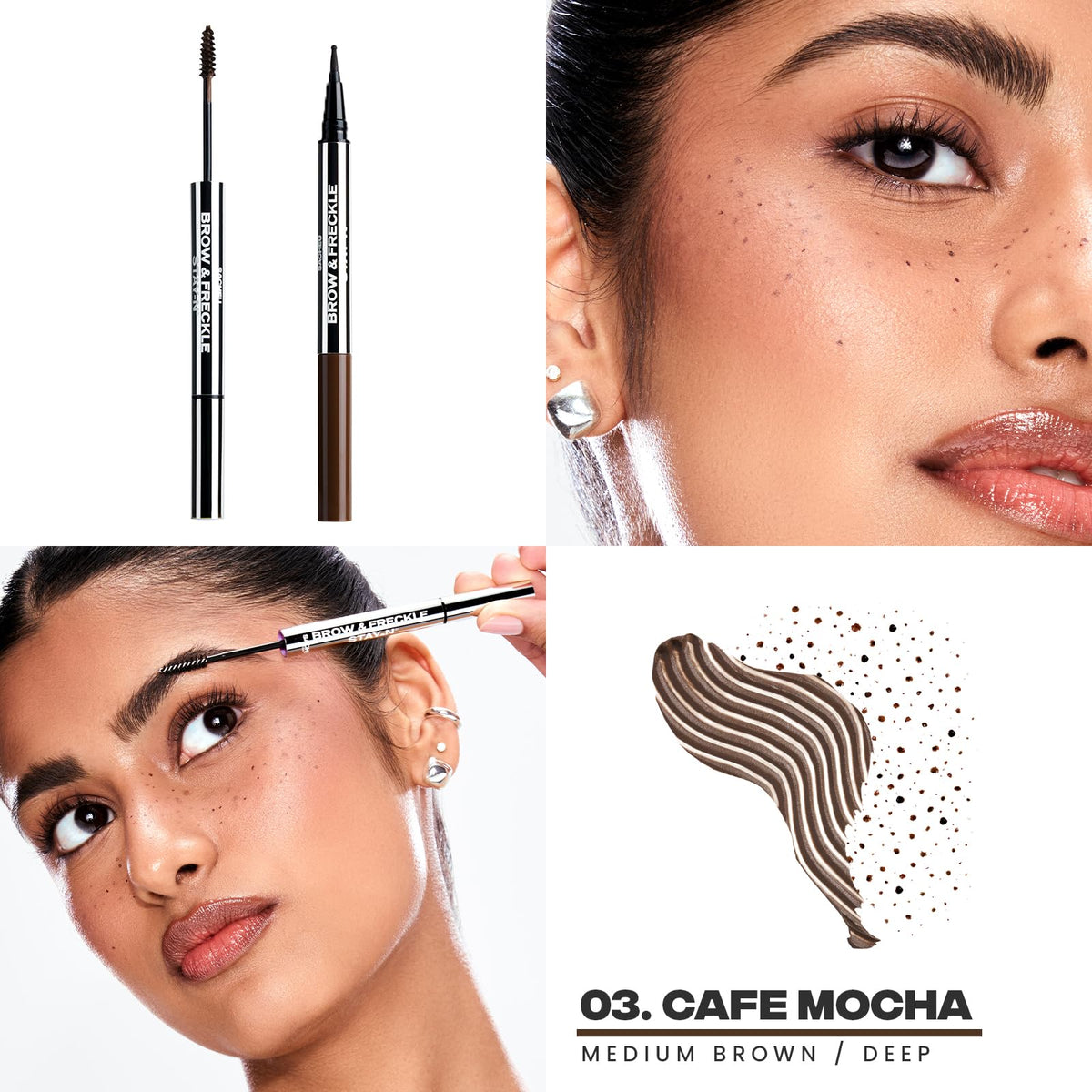 Sacheu dual-ended wand detail showing brow tint brush and freckle pen benefit