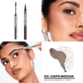 Sacheu dual-ended wand detail showing brow tint brush and freckle pen benefit