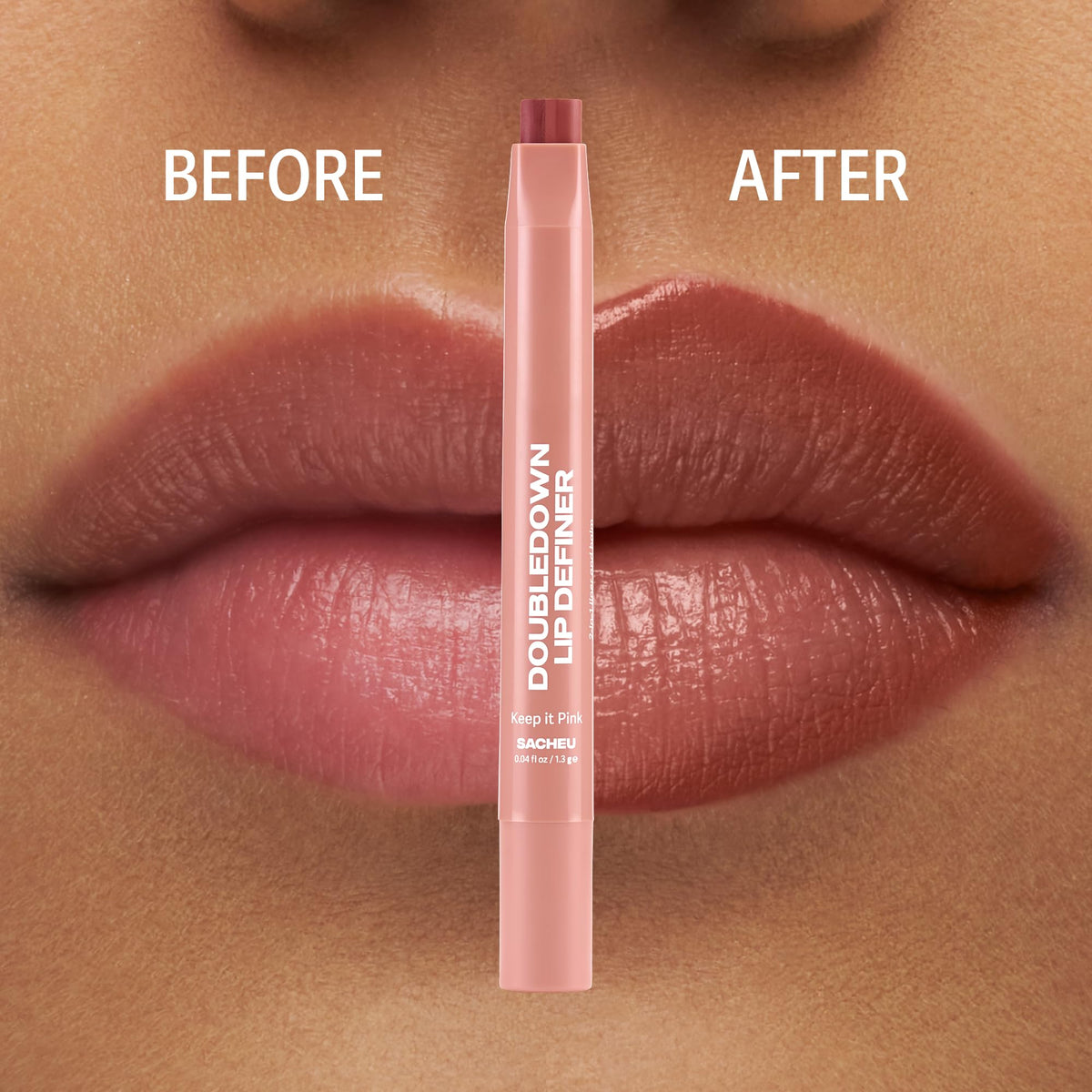 Sacheu lifestyle model wearing product showing natural fuller-looking lips