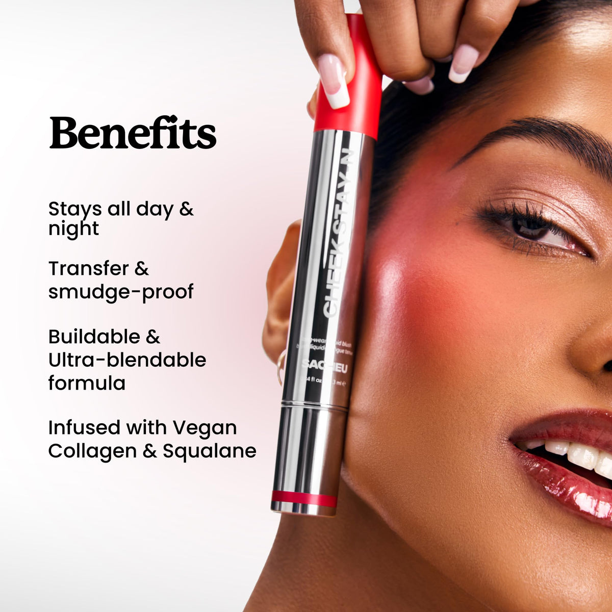 Sacheu on model cheeks in daylight with natural radiant color