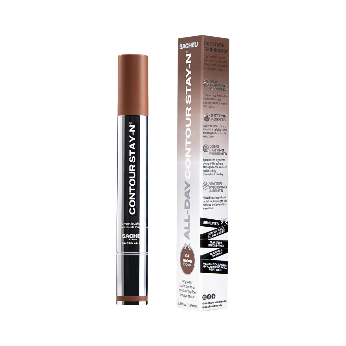 Sacheu STAY-N on a vanity with brushes conveying everyday wearable contouring