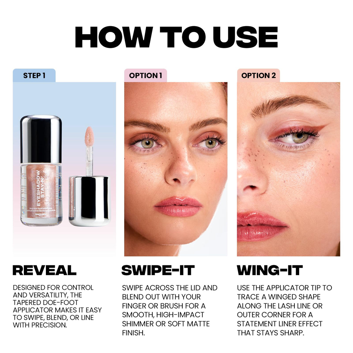 Sacheu product applied on eyelid demonstrating smooth blend and crease resistance
