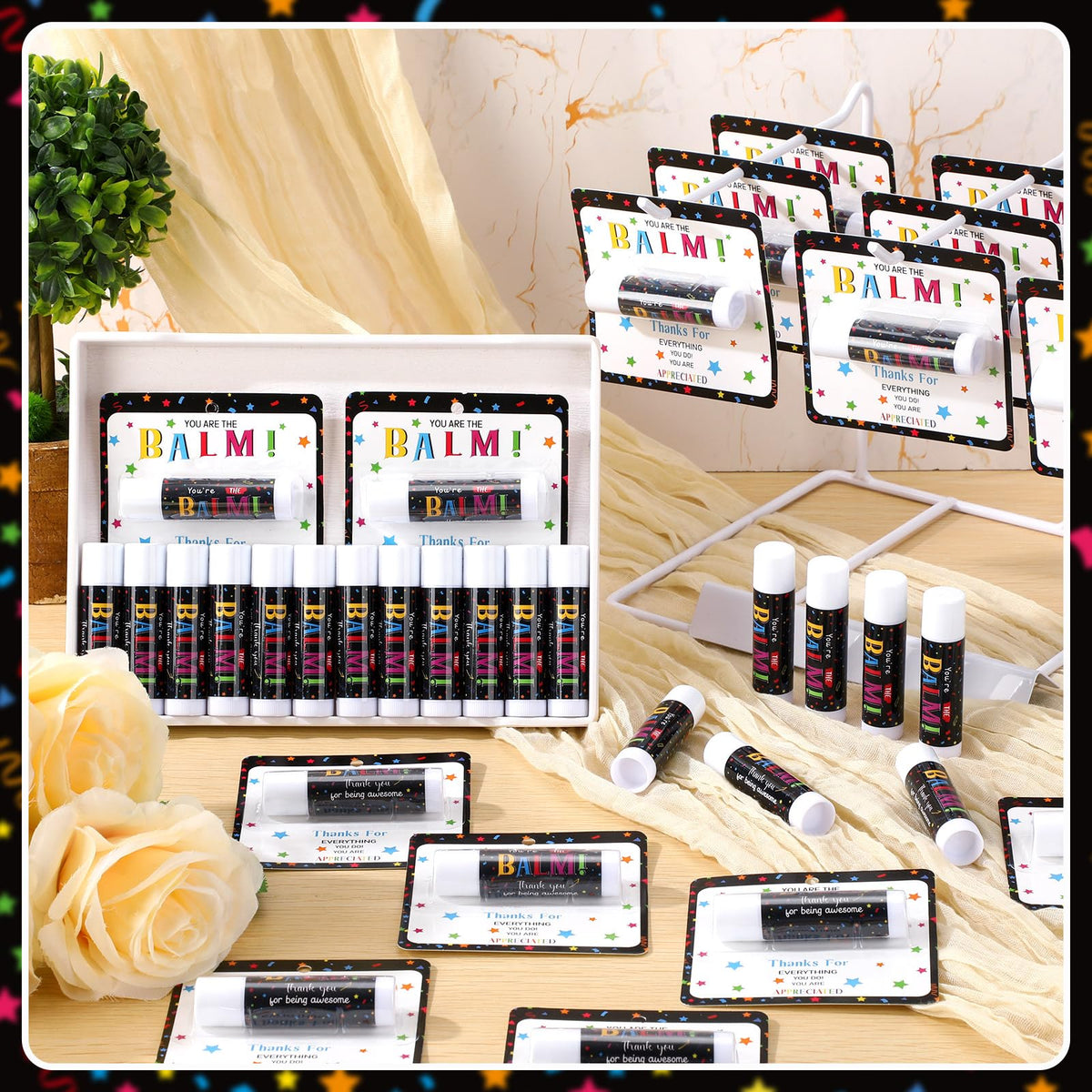 sacubee gift bag display with lip balms illustrating party-favor convenience benefit