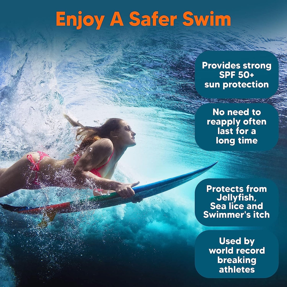 SAFE SEA bottle on beach with swimmer showing confidence near water
